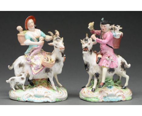 A near pair of Derby figures of the Welch Tailor and his Wife, c 1770, enamel&nbsp; led in a typical palette on turquoise roc