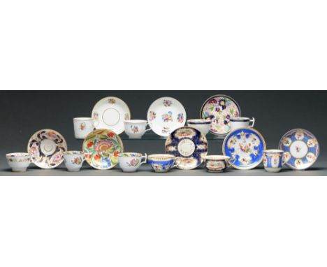 Six Coalport tea and coffee cups and saucers and two trios, c1820-35, London and other shapes, including a scale blue ground 