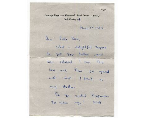 AUTOGRAPH. Autograph letter signed by Christopher Milne, dated March 1st 1983, discussing the brilliance of triangles in arch