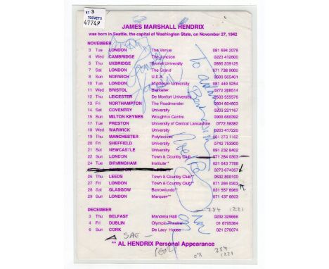EPHEMERA, MUSIC. A collection of music ephemera relating to Jimi Hendrix, including a laminated Jimi Hendrix 50th Birthday Tr