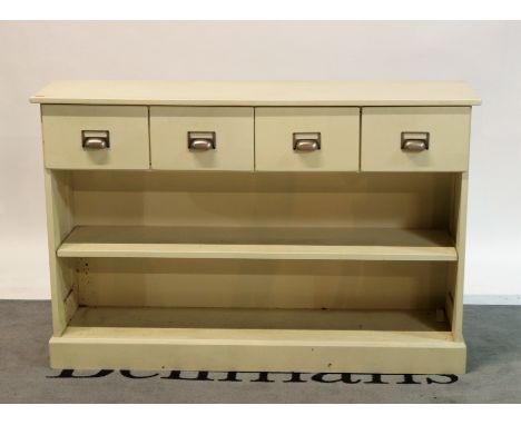 ‘Laura Ashley’ A modern grey painted bookcaseWith four short drawers over two shelves, 132cm wide; 82cm high