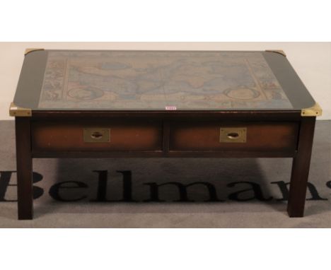 A modern stained beech rectangular coffee tableWith atlas glass top over two short drawers, 91cm wide; 38cm high