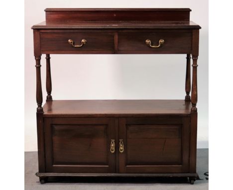 A late 19th century mahogany two tier side cupboardThe galleried back over two short drawers, 107cm wide; 116cm high