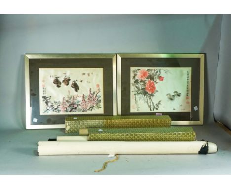 A Chinese print of a hen and chicks after Huang ZhouAlso a pair of framed silk pictures of chicks and flowers and two scroll 