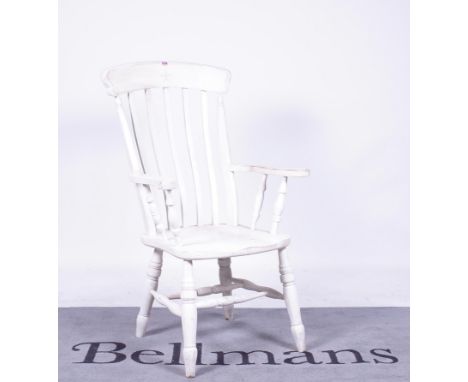 A modern white painted stick back open armchair68cm wide; 113cm high