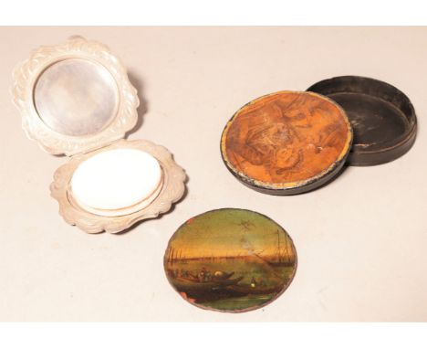A silver powder compact and a snuff box with painted lid