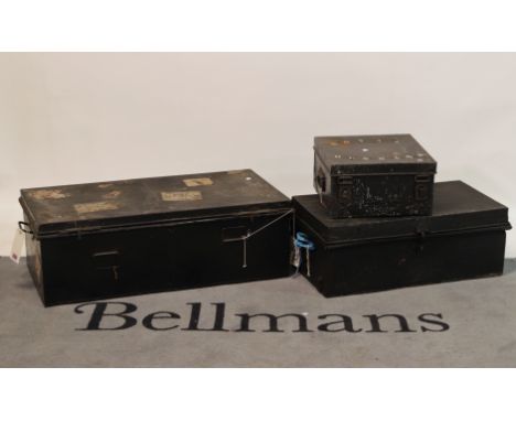An early 20th century black painted rectangular trunk92cm wide; 32cm high, another similar smaller, 72cm wide; 28cm high, and