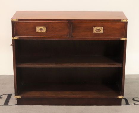 A campaign style mahogany and brass bound open bookcaseTwo short drawers on plinth base, 91cm wide; 77cm high