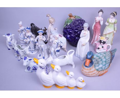 Ceramics, mostly modern figures and cow creamers, including Lladro