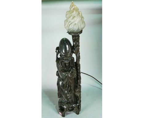 A Chinese Hardwood figure, converted to a lamp.85cm high