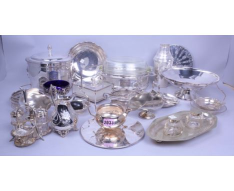 Silver plated items, including a cocktail shaker, wine coasters, an inkwell, trays dishes and sundry.