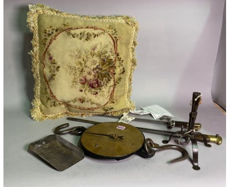 Collectibles to include; a tapestry cushion, a set of bayonet firearms and brass scales