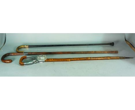 A late Victorian 9ct gold banded goat horn walking cane82cm long, a later silver banded bamboo walking cane, 90cm long and a 