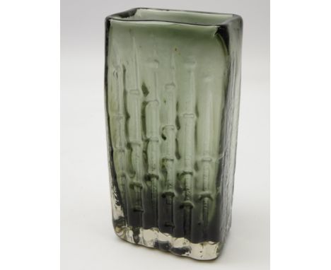 Whitefriars 'Bamboo' textured rectangular vase, in Willow, designed by Geoffrey Baxter no. 9660, H20.5cm  Condition Report No