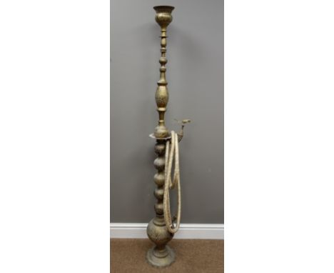 20th Century Eastern brass floor standing Hookah pipe, H157cm  Condition Report Click here for further images, condition, auc