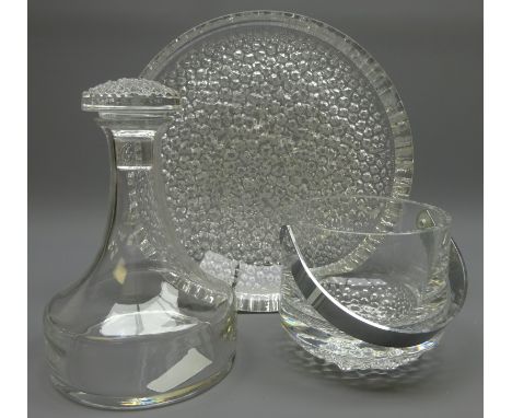 Three piece Scandinavian glass set comprising; decanter, ice bucket and shallow bowl each with naturalistic moulded design (3