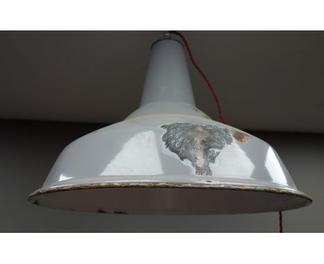 Industrial Benjamin type grey enamel centre light fitting, D48cm   Condition Report   Click here for further images, conditio