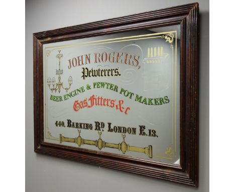 Vintage 'John Rogers Pewterers Beer Engine and Pewter Pot makers.. Barking Rd, London' advertising mirror, L93cm x H69cm  Con