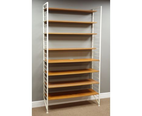 Laddarax white ladder bookcase system with four deep and four narrow adjustable shelves, W109cm, H201cm, D36cm
