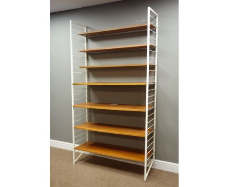 Laddarax white ladder bookcase system with four deep and three narrow adjustable shelves, W109cm, H201cm, D36cm