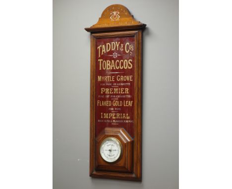 Early to mid 20th century 'Taddy & Co's Tobaccos' glazed advertising showcard sign, shaped walnut pediment with trademark mon