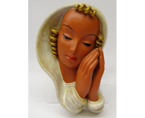 Mid 20th century glazed Goldscheider wall mask, 'Madonna', originally designed by Adolf Prischl no.7579 3, inscribed & stampe