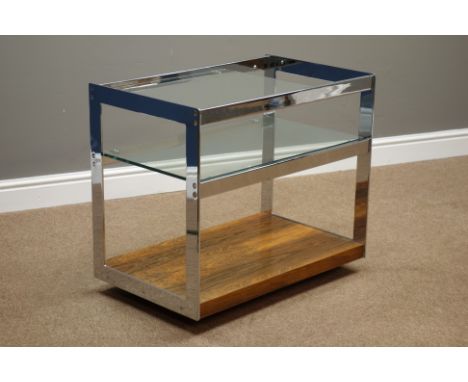 1970s Merrow Associates three tier rosewood and chrome coffee table with glass top and shelf, on castors, 46cm x 74cm, H64cm 