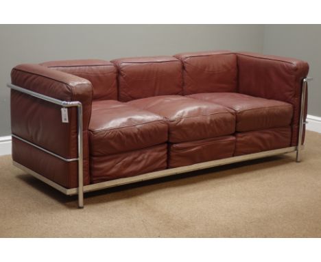 1980s Corbusier design chrome framed three seat sofa upholstered in oxblood leather, W176cm