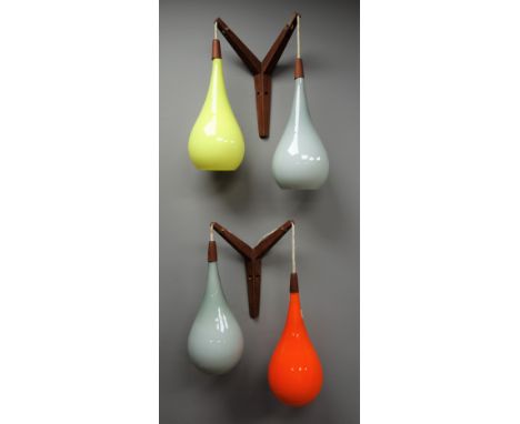 Pair 1960's/ 70's Danish twin branch wall lights, teak frame with two teardrop shaped glass shades, stamped 'Made in Denmark'
