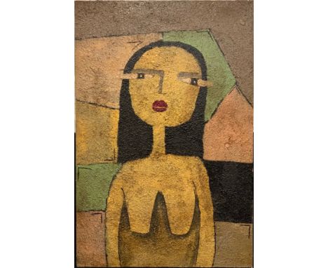 Modern British Naive School,Portrait of a Young Dark-haired girl,oil textured with grit, sand, gravel, on canvas, 90cm x 60cm