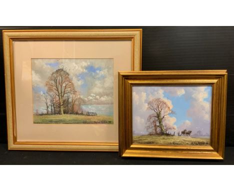 Stephen HawkinsLandscape with Cart Horsessigned, dated '86, oil on canvas, 17.5cm x 23.5cm; a similar pastel sketch on paper,