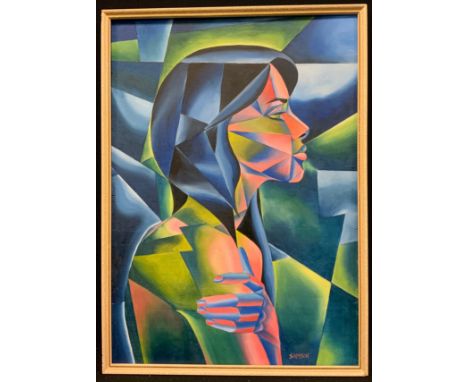 Samson (British modern school), Cubist portrait of a young lady, signed, oil on board, 35cm x 25cm. 