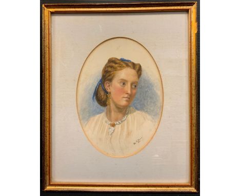M**R**David (Victorian School)Portrait of a Young Lady, wearing a blue ribbon, head and shoulders, signed, dated 1867, waterc