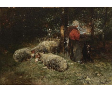 Heinrich von Zügel1850 Murrhardt - 1941 MünchenRast im WaldHirtin mit Herde und Hund. L. u. signiert, Ortsbezeichnung München