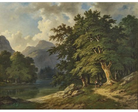 Josef Kriehuber1800 Wien - 1876 ebendaGebirgige Flusslandschaft mit Buchenwald(Kyjovka / Mühlgraben im Marsgebirge?). Öl auf 