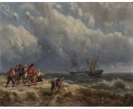Hermanus Koekkoek1815 Middelburg - 1882 HaarlemKüstenszene mit Schiffen auf stürmischer SeeL. u. signiert. Rücks. Etikett "Ar