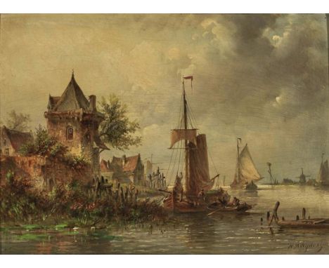 Nicolaas Martinus Wijdoogen1824 Koog an de Zaan (Zaanstad) - 1898 KopenhagenHolländische Kanallandschaft mit BootenR. u. sign