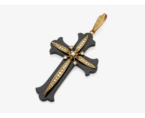Historisches Onyx-Kreuz verziert mit NaturperlenItalien, 1870er Jahre Gelbgold 750/-, Feingehalts-Punze von 1872-1935. 1 gesc