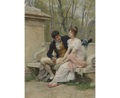 Franz Xaver Simm1853 Wien - 1918 MünchenGalante Szene im ParkR. u. signiert. Öl auf Holz. 32,5 x 24 cm. Einschubleisten. Min.