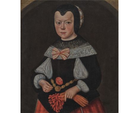 Deutsch (Nürnberg?)17. Jahrhundert Bildnis eines Mädchens mit NelkeÖl auf Lwd. 63,5 x 55 cm. Doubliert. Rest. Rahmen min. bes