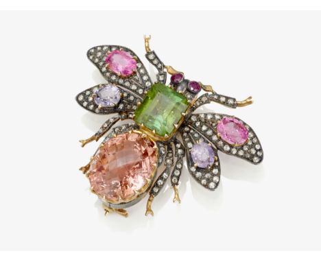 Käferbrosche mit Turmalinen, Amethysten, Morganit, Rubinen und DiamantrosenUSA Gelbgold 585/-, und Silber, getestet. 116 winz