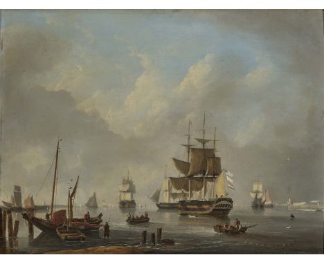 Dominique de Bast1781 Gent - 1842 ebendaHafenszene mit SchiffenM. u. signiert und 1828 datiert. Öl auf Holz. 49 x 65,5 cm. Mi