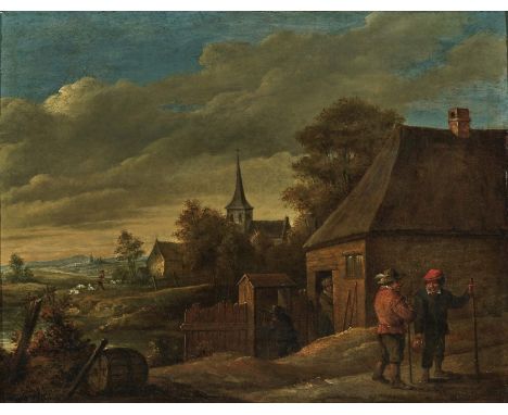 Abraham Teniers1629 Antwerpen - 1670 ebenda, zugeschriebenDörfliche SzeneZwei Bauern unterhalten sich auf der Straße vor dem 