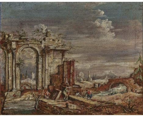Francesco Guardi1712 Venedig - 1793 ebenda, NachfolgeArchitekturcapriccioÖl auf Lwd. 38 x 47 cm. Doubliert. Rest. Rahmen. Fra