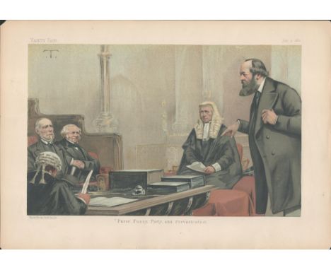 Vanity Fair print titled Purse, Pussy, Piety and Prevarication. Dated 5, 7, 1882. Approx size 14x11. Good condition. All auto