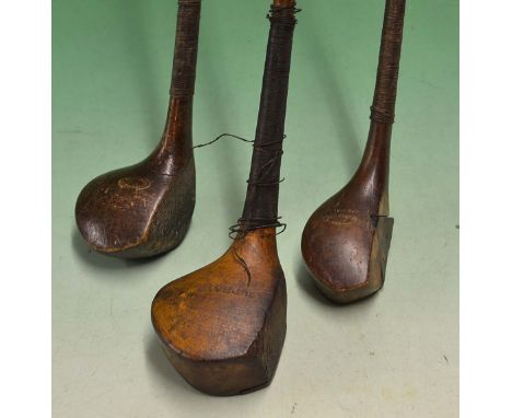 3x various scare head woods to include a small but fine J McAndrew Cruden Bay spoon with triangular face insert (shaft bowed)