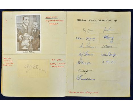 Very interesting Scrapbook of autographs relating to cricket football and rugby^ majority are cricket to include 1947 M.P Don