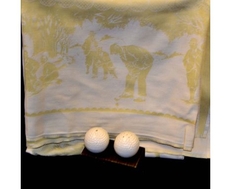 Vintage golfing embroidered linen tablecloth and cruet - featuring golfers^ caddies^ golf balls and other golfing scenes - ov