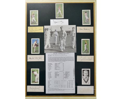 Nice 1956 England v Australia'Laker's Match' signed cricket ephemera montage consisting of a copy of the scorecard^ autograph