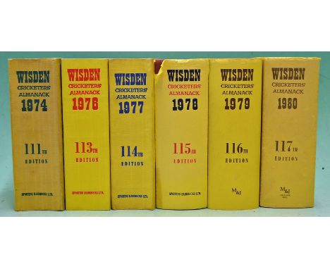Wisden Cricketers' Almanacks 1974^ 1976-1980 with 74^ 76 & 77 all softbacks with original linen cloth covers and all in G con